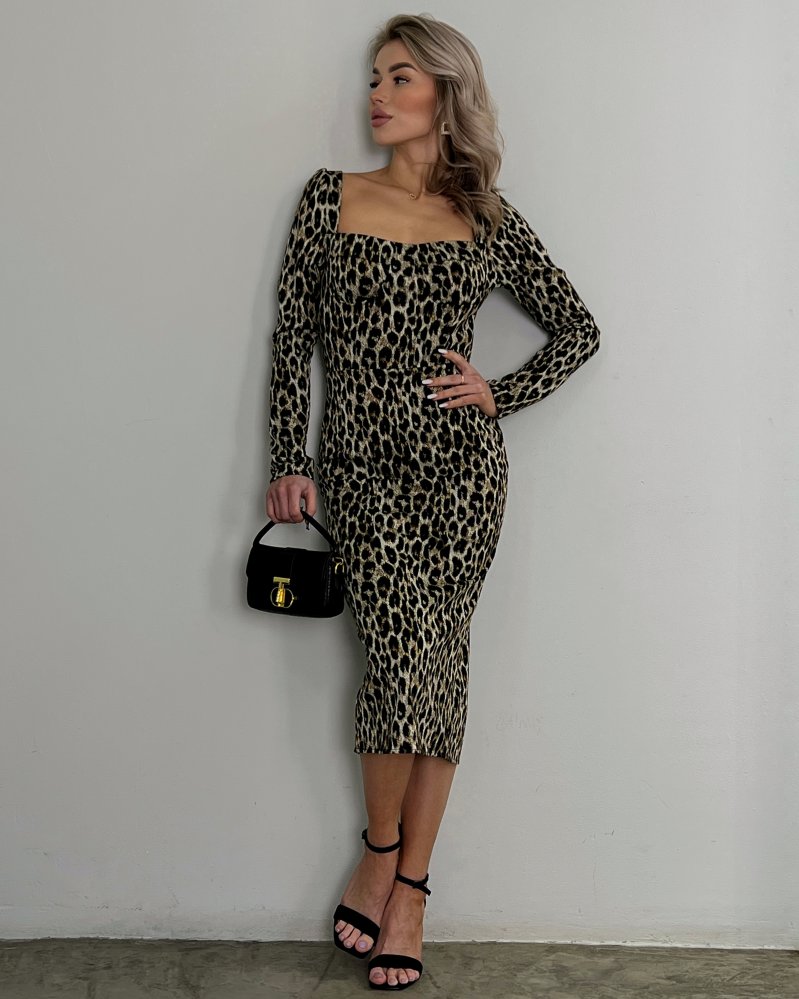 Приталенное платье миди с леопардовым принтом 72447902\93